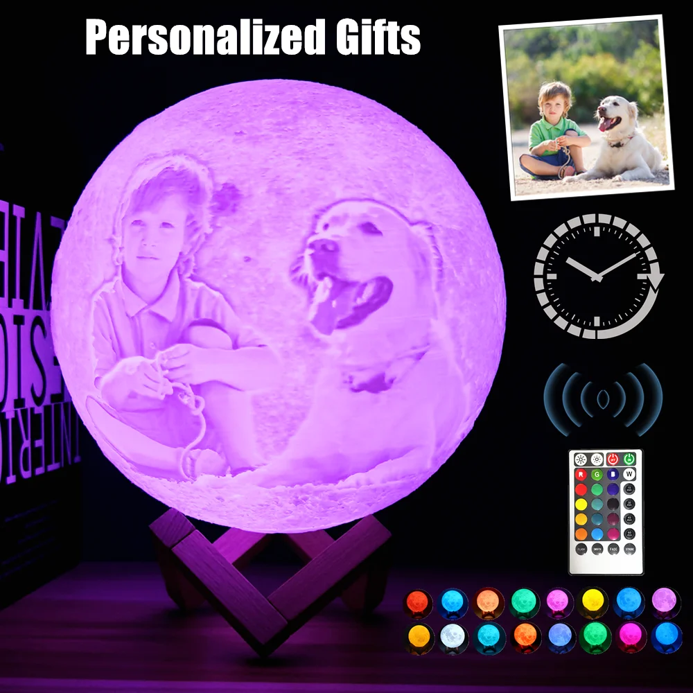 Photo Custom Moonlight,3D Moon Lamp,LED Moon Night Light with Stand,Customize Photo&Text USB Rechargeable Home Decorative