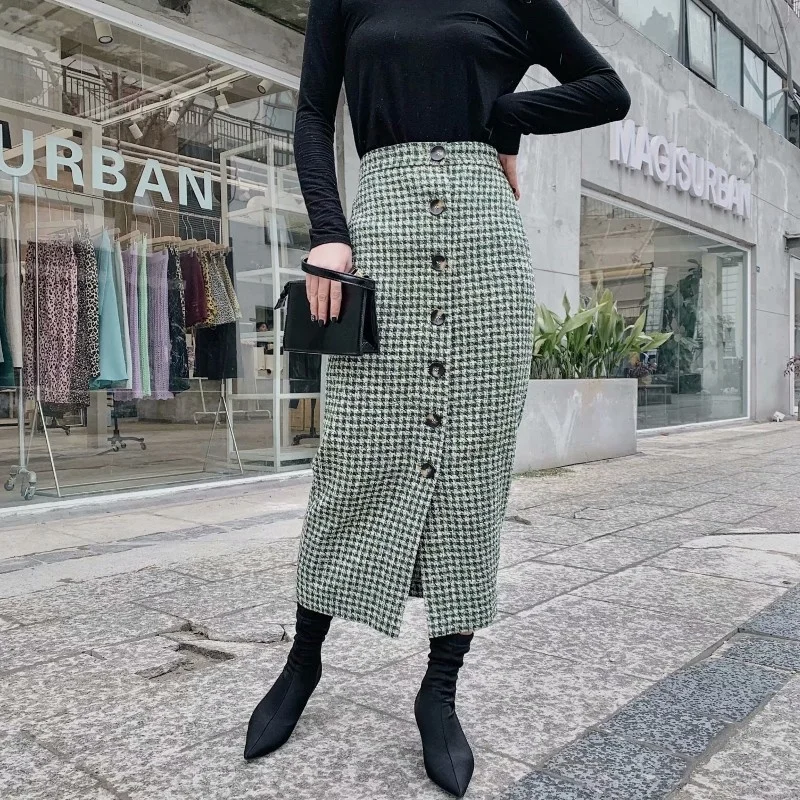 

New Spring Brand Womens Calf Length Plaid Skirts Streetwear High Waist Single Breasted Straight Slim Fit Faldas Mujer Moda