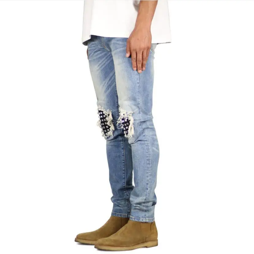 Men's Ripped Studded Knee Stretch Skinny Fashion Casual Distressed Hip Hop Men Jeans