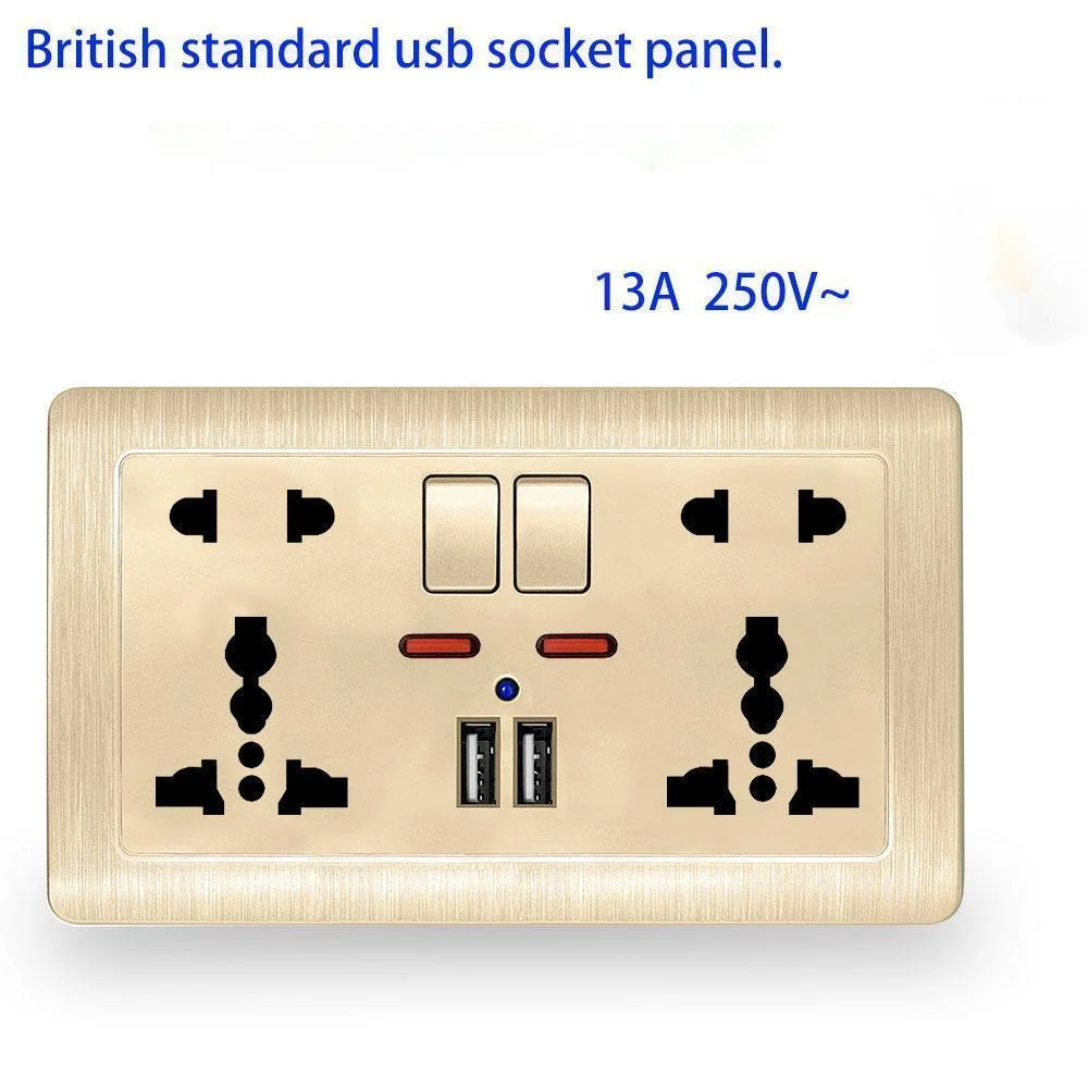 EU Standard Usb Socket, Gray Embedded Panel,2.1A Dual USB Port, AC 110-250V, UK Wall Power Socket Universal 5 Hole Outlet