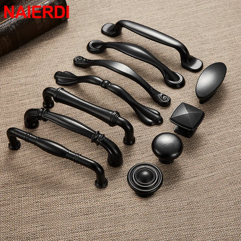 NAIERDI Zinc Alloy Black Cabinet Handles American Style Kitchen Cupboard Pulls Drawer Knobs Furniture Handle Hardware