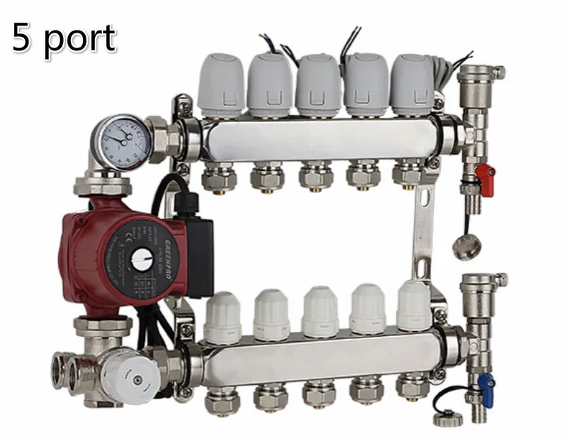 Underfloor Heating Manifold 5 Port & Rated Pump   Electric thermal actuator DN25 for 1/2 pex