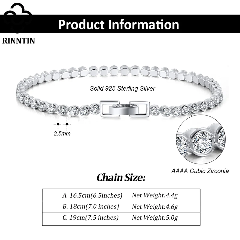 Rinntin 925 Sterling Silver Princes Cut 2.5/3.0mm Cubic Zirconia Classic Tennis Bracelet 6.5/7.0/7.5 Inch Tennis Jewelry SB115