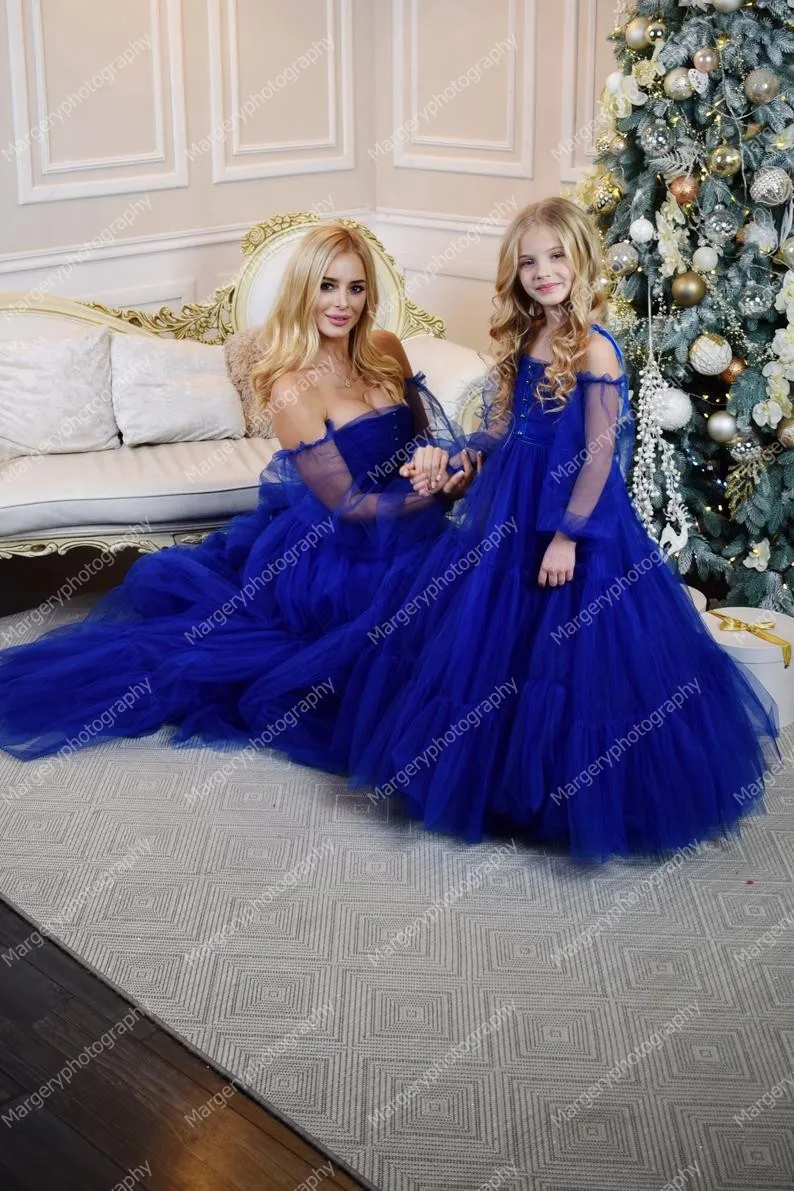 Elegant Royal Blue Mom And Me Photo Shoot Dressing   Gowns Long Sleeves Puffy Ball Gown Mother And Daughter   Dresses