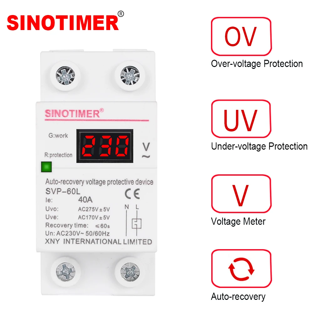 Home Usage 40A 63A Din Rail 230Vac 50Hz Automatic Reset Over and Under Voltage Protective Device Protector Relay