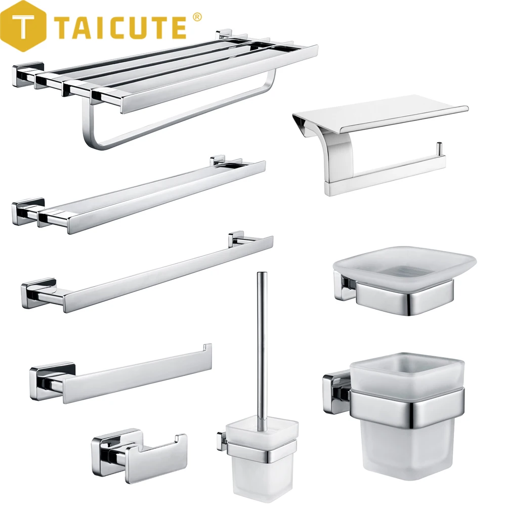 TAICUTE G Bathroom Accessories Set Heavy Duty Towel Rack Shelf Bar Ring Wall Mount Toilet Paper Brush Holder Clothes Hook Chrome