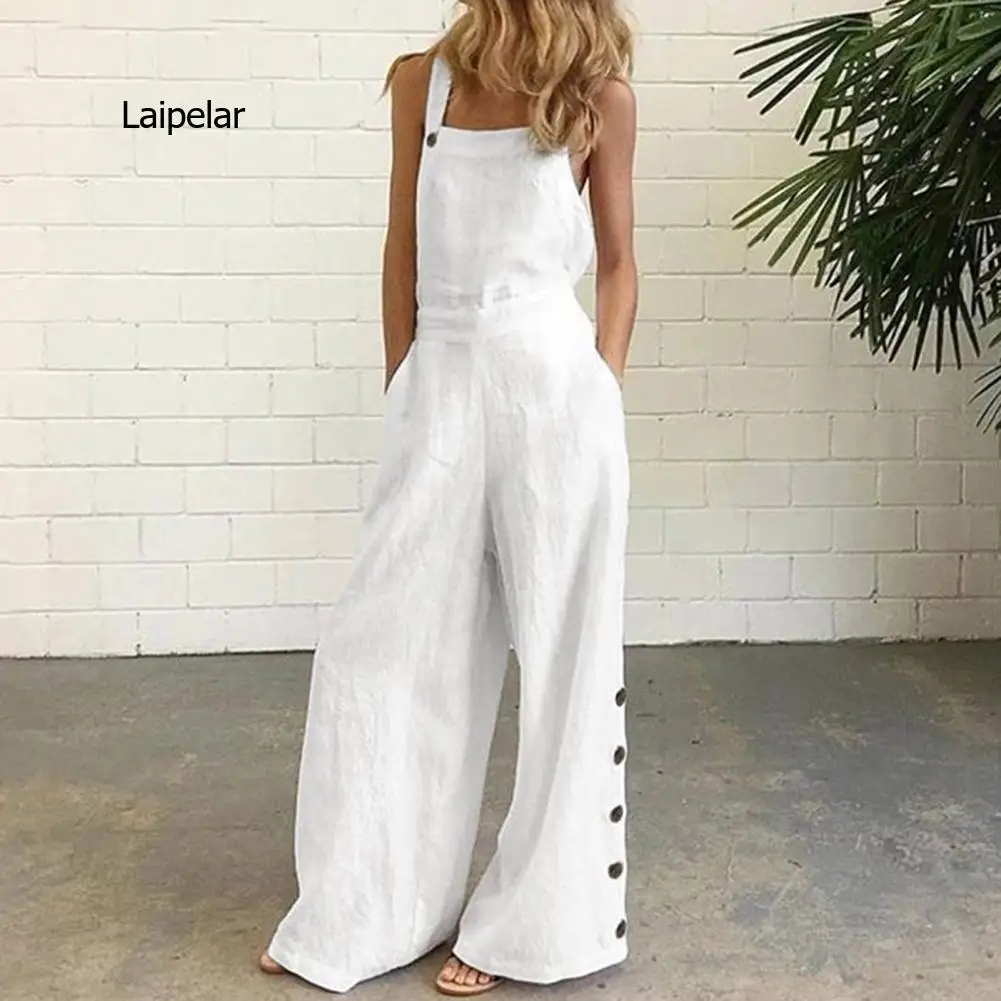 Women Jumpsuit Summer Sleeveless Solid Color Wide Leg Pockets Loose Strappy Playsuit Overall Wide Leg Pockets mono mujer verano