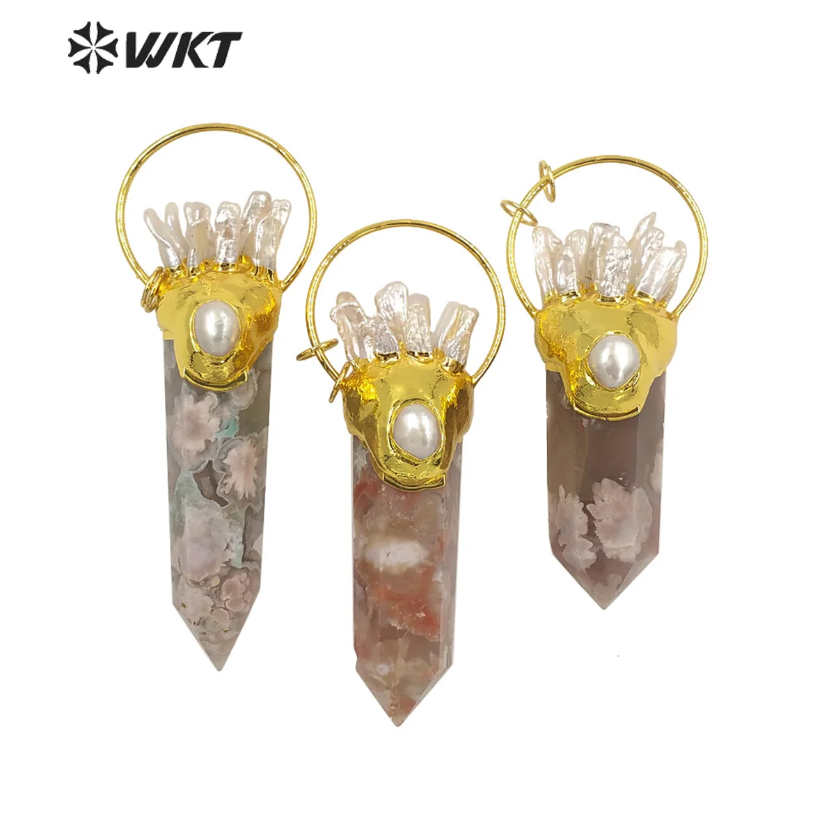 

WT-P1679 Wholesale Fashion Gold plated Cherry Pendant with pearl charm on top Energy Hexagon Spirit quartz point pendant