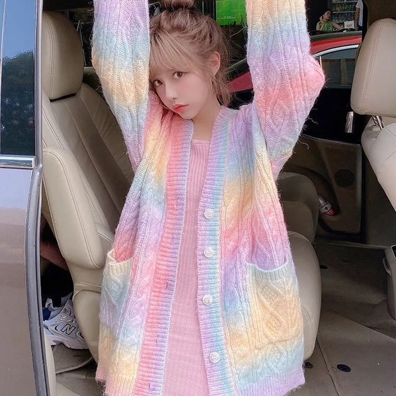 Rainbow Knitted Cardigan Women Autumn Winter Sweet Kawaii Sweater Coat Female Long Korean Button Down Cardigan Fall 2023 Women