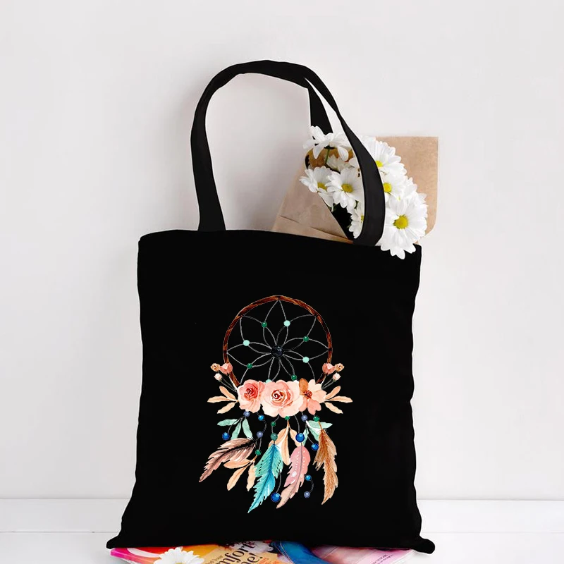 Dream Feather Print Cotton Canvas Tote Bags Dreamcatcher Harajuku Fashion Casual Girl Tote Eco Shopper Shoulder Bags Handbag