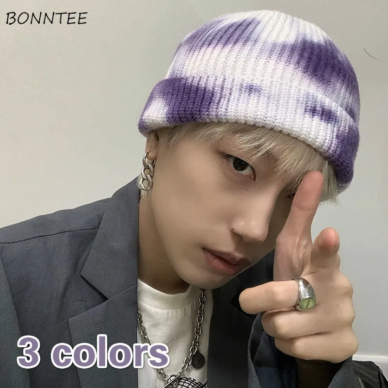 Beanies Women Retro Harajuku Chic Couples College Fashion Ins Tie-dye Teens Streetwear BF Style Unisex Spring Ladies Knitted Hat