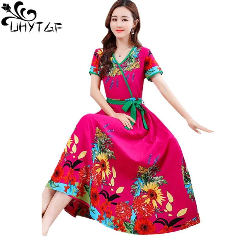 UHYTGF Elegant Mother Summer Dress Fashion Floral Cotton Silk Long Dress Women Vintage National Style 4XL Big Size Dresses 2119