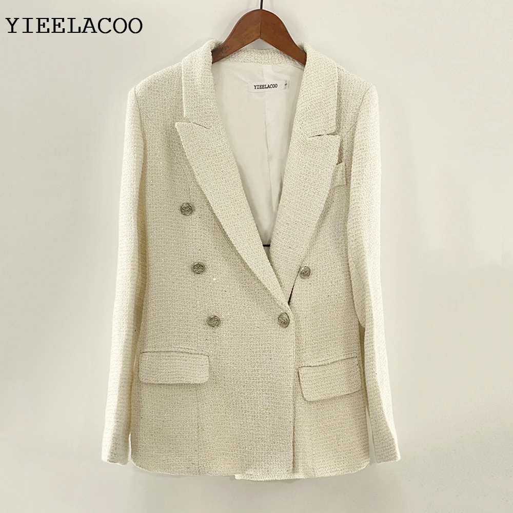 

New style women's jacket White lapel long-sleeved spring /autumn 2022 double-breasted European and American style Tweed blazer