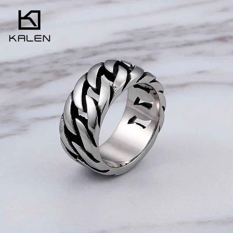 KALEN  Cuban Link Chain Ring Men Size 8-12 Stainless Steel High Polished 10mm Chain Link Finger Rings Cheap Biker Jewelry