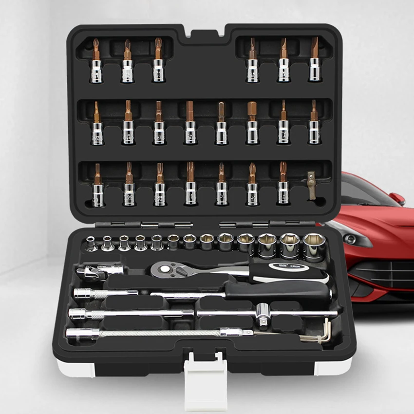 Steckschlüssel-Ratschenschlüssel-Kit mit Kunststoff-Aufbewahrung koffer, Autoreparatur-Werkzeug kombination, gemischtes Handwerkzeug-Set, 46 teile/satz, 1/4 Zoll