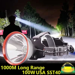 18650 충전식 헤드 손전등, 100W 슈퍼 SST40, 가장 강력한 LED 헤드램프, 고출력 헤드라이트, 자전거 헤드 Laml 토치