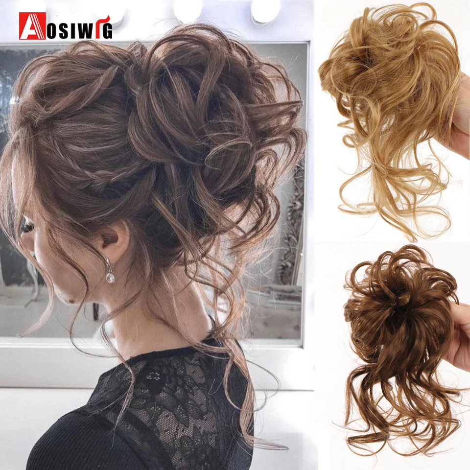 AOSIWIG Messy Curly Chignon do kokardki do włosów syntetyczne elastyczne Scrunchy naturalne włosy kok włosy Clip In Tail Extension sztuczne włosy