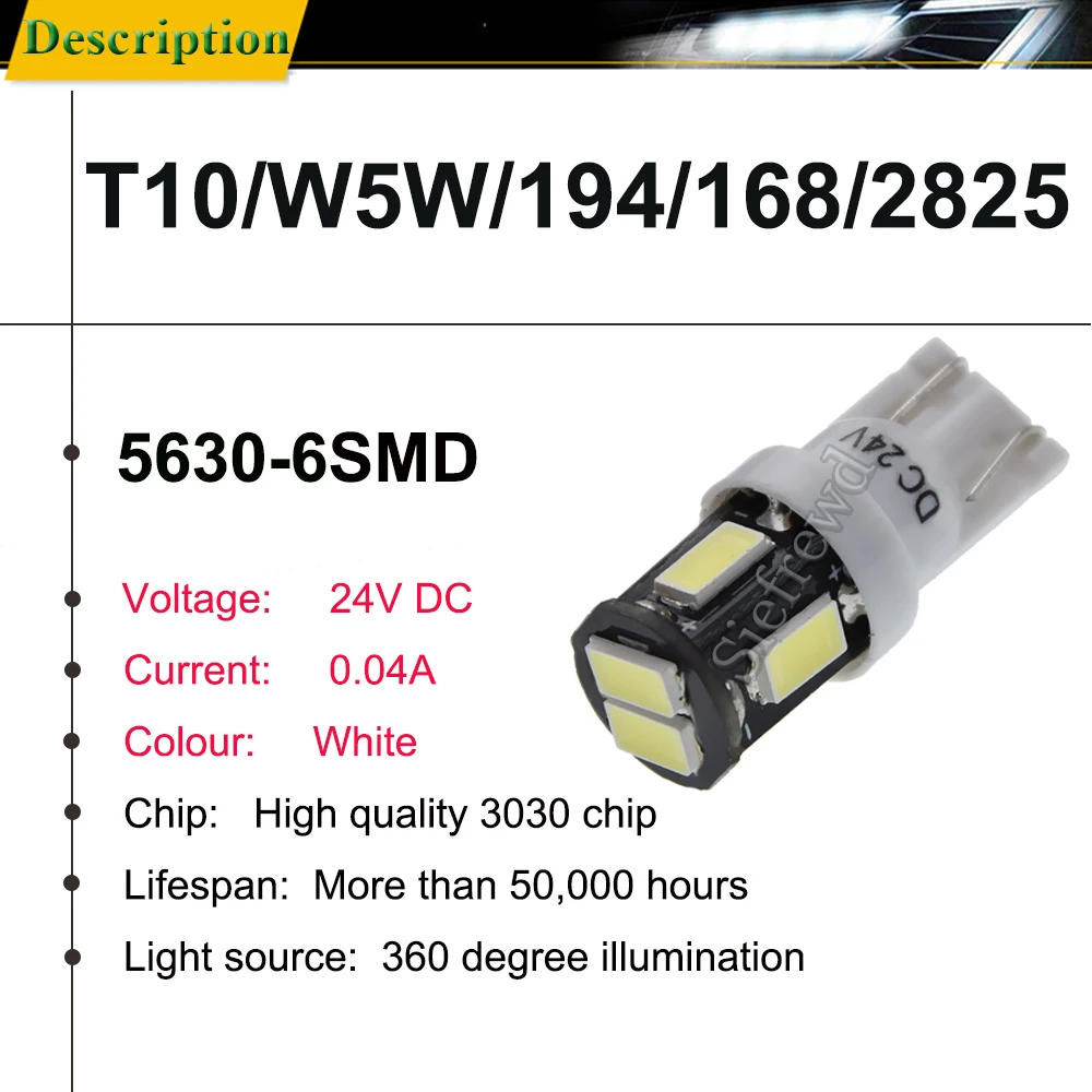 100×24V 24 Volt Truck T10 194 168 W5W Car LED Light Bulb 5630 6SMD White 6000K Side Wedge Marker Clearance License Plate Lamp