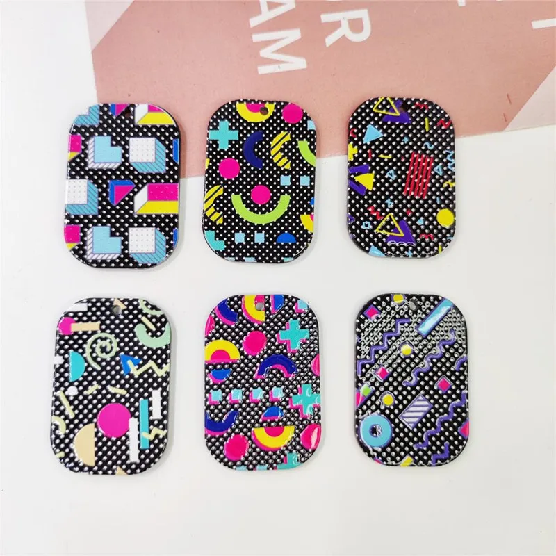 New style 50pcs/lot color pattern print geoemtry rectangle shape acrylic beads diy jewelry earring/garment pendant accessory