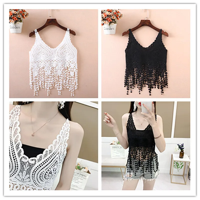 Fashion Crochet Finished Bra Tassel Lace Shawl Camisole Hollow Slim Top Outing Shopping Travel Beach Sexy Temptation Decoration