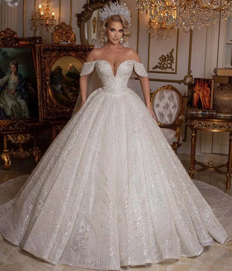 2022 vintage fora do ombro querida frisado bling manga curta inchado vestido de baile vestidos de casamento