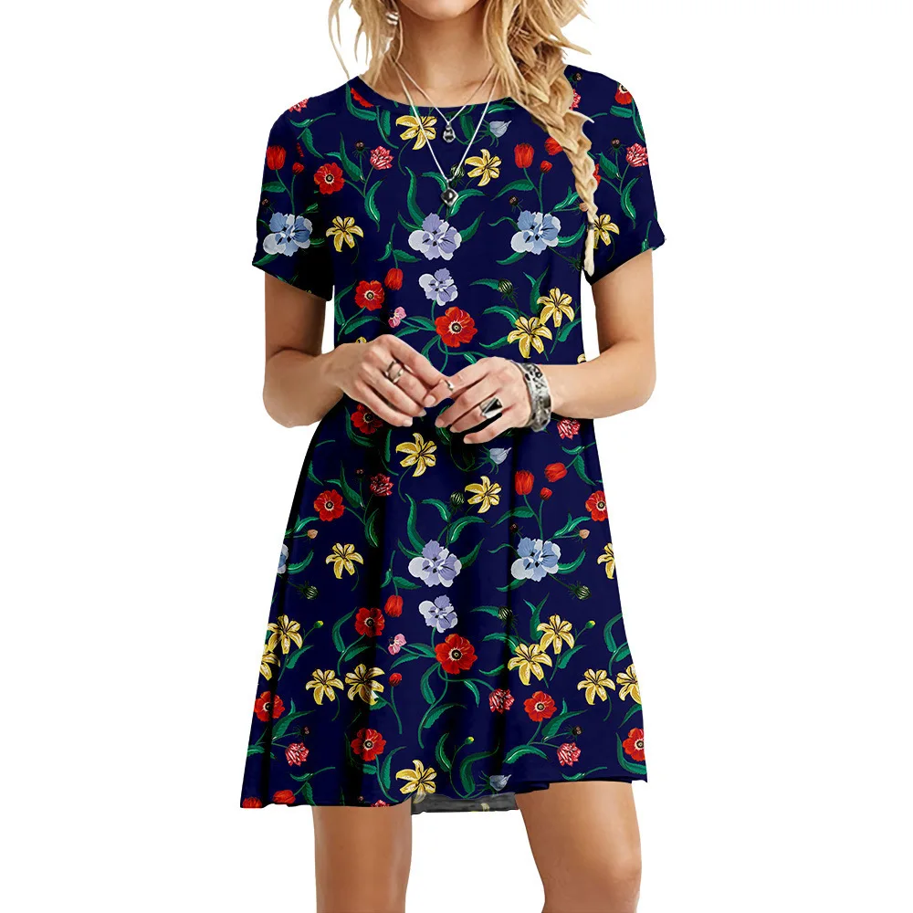 Women Dresses Elegant O-neck Floral Print Dress Casual Oversize Loose Robe Short Sleeve Party Femm Ladies Clothing 6XL