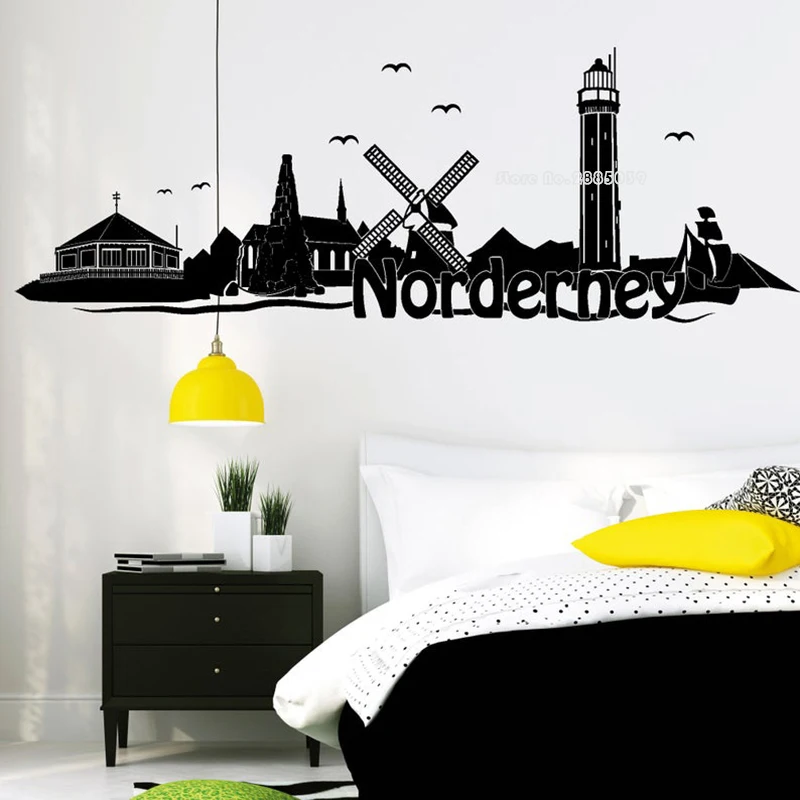 Norderney City Lower Saxony Skyline Wall Decal Vinyl Wall Sticker Windmill Boat Pattern Living Room City Home Decoration LL886