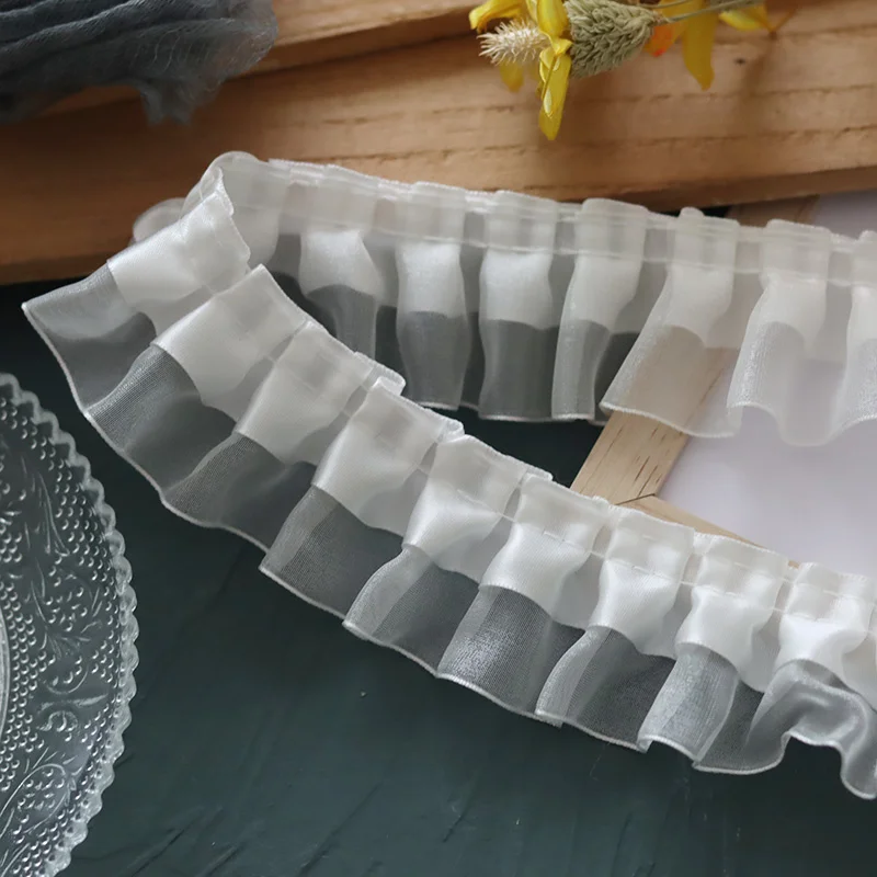 3CM szerokości podwójna warstwa Organza satyna 3d plisowane tkaniny koronki aplikacja zasłony sukienki kołnierz wykończone frędzlami DIY szycia