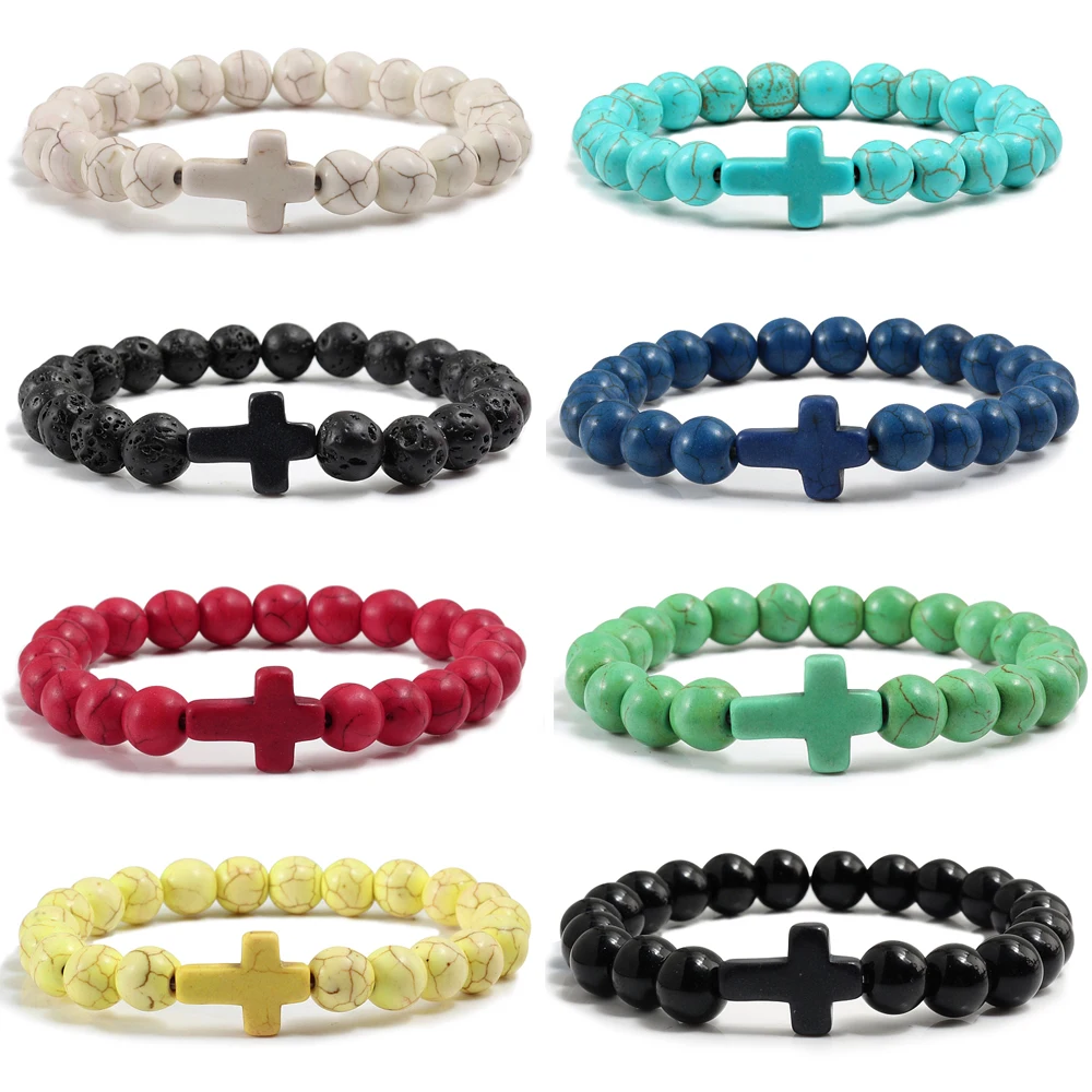 Fashion Jesus Cross Natural Stone Bracelets Charm Blue Pine Stone Black Lava Matte Beaded Bracelets Bangles Women Yoga Jewelry