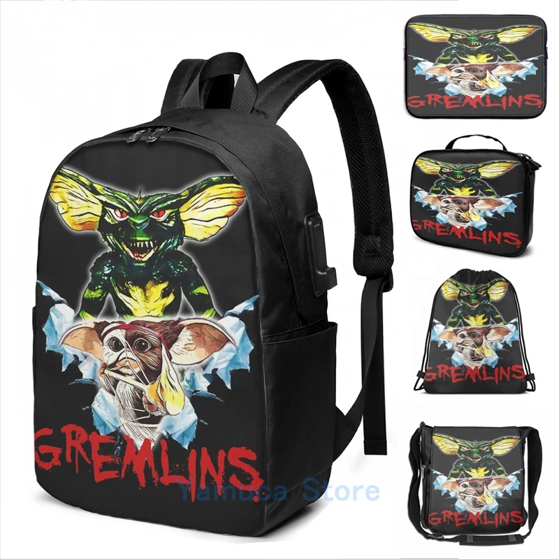 Funny Graphic print Gremlins USB Charge Backpack men School bags Women bag Travel laptop bag