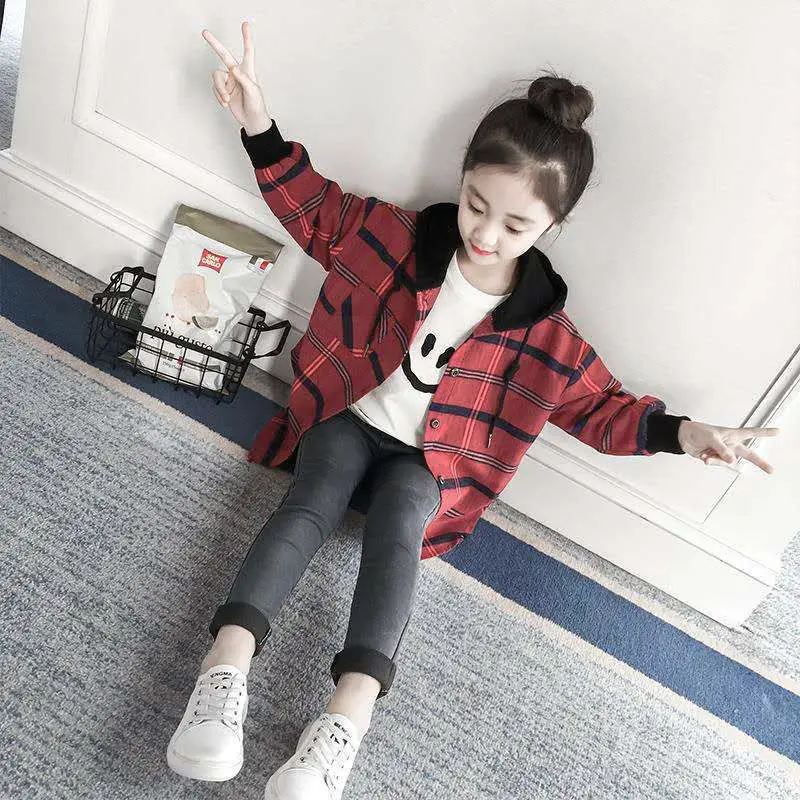 Spring Autumn Thick Girls Jackets plaid Kids Outerwear Letter Hoodied Coats Children Clothing Teenager Trench Coat 6 8 10 12y