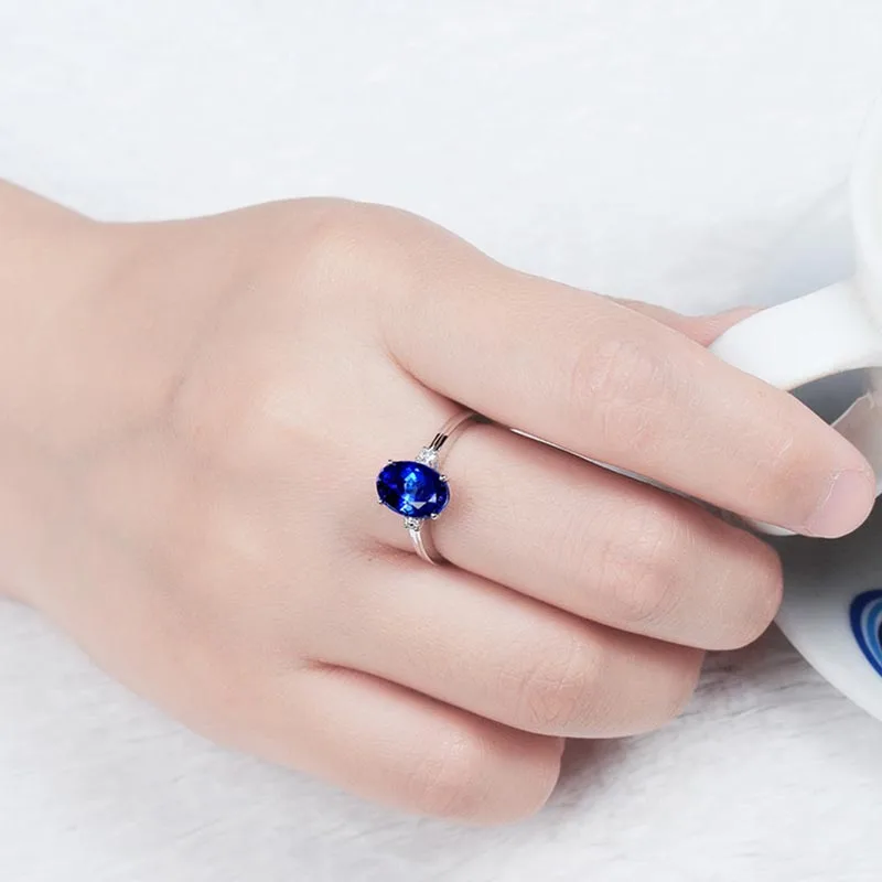 Cellacity classic Sapphire Silver  Ring with oval green/pink/blue gemstone adjust size luxury silver jewelry gift for woman