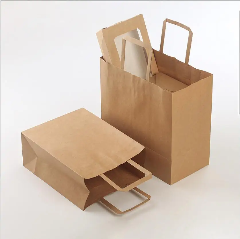 10pcs Kraft Paper Packaging Bag With Handle Cake Baking Food Take Away Packing Bags Party Supplies White Paper Bag