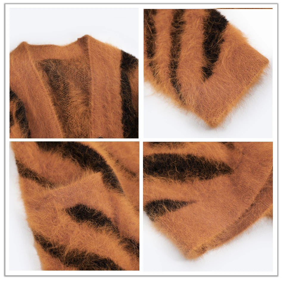 BAHTLEE-Women\'s Long Cardigans, Angora,Tiger Stripe, Leopard Pattern, Wool Knitted Coat, Open Stitch Jumper, Winter