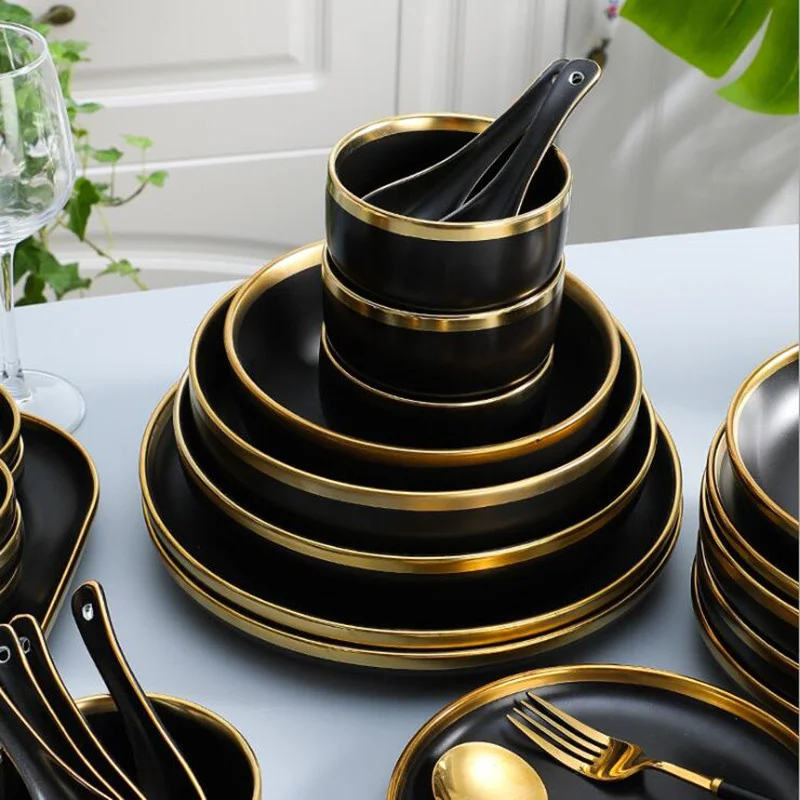 Gilt Rim Black Porcelain Dinner Plate Set Kitchen Plate Ceramic Tableware Food Dishes Rice Salad Noodles Bowl Cutlery Set 1p