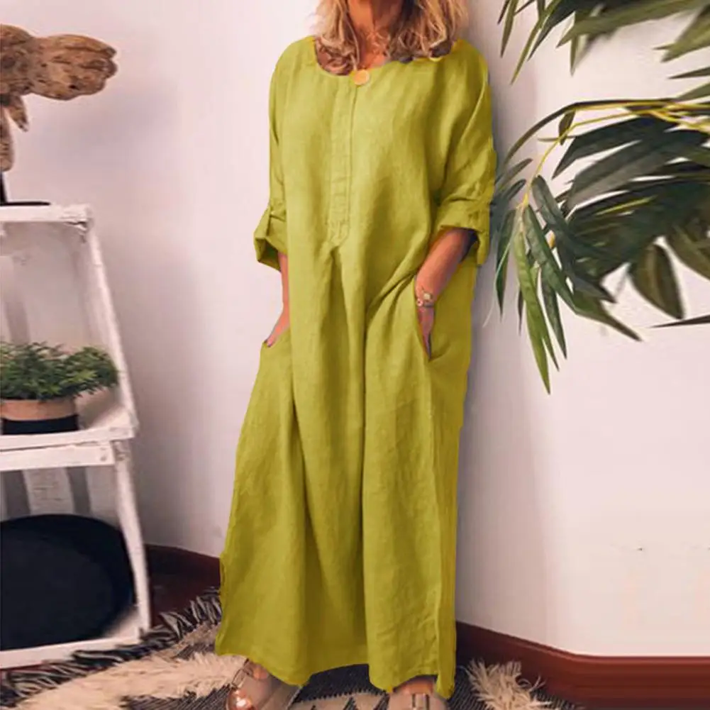 Sell Like Hot Cakes New Women Solid Color Oversized Cotton Linen Long Shirt Dress Boho Beach Casual Party Pocket Dress