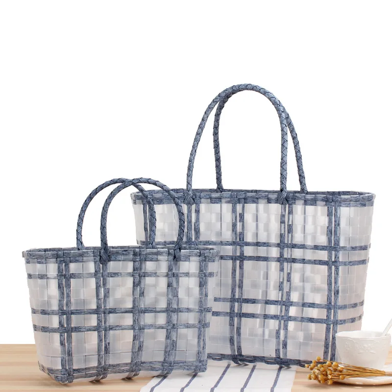 2022 Fashion PVC Handbag For Women Handwoven Check Vegetable Basket Bag Female Casual Tote Plastic Transparent Jelly Beach Bag