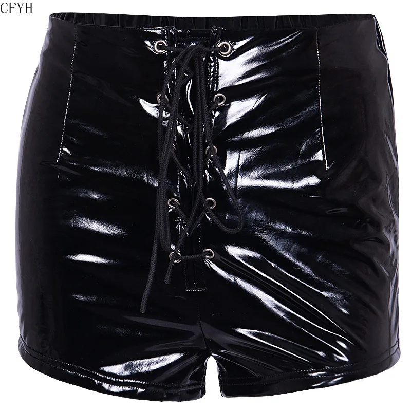 Neue Spitze Up Elastische Taille Pu Leder Shorts Sommer 2023 Schwarz Rot Sexy Mode Krawatte Up Shorts Streetwear Club Kleidung dame