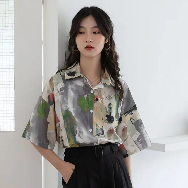 Blouse Women Shirt 2021 Summer Short-Sleeved Oil Painting Top Printed Flower Girl Blusas Mujer De Moda