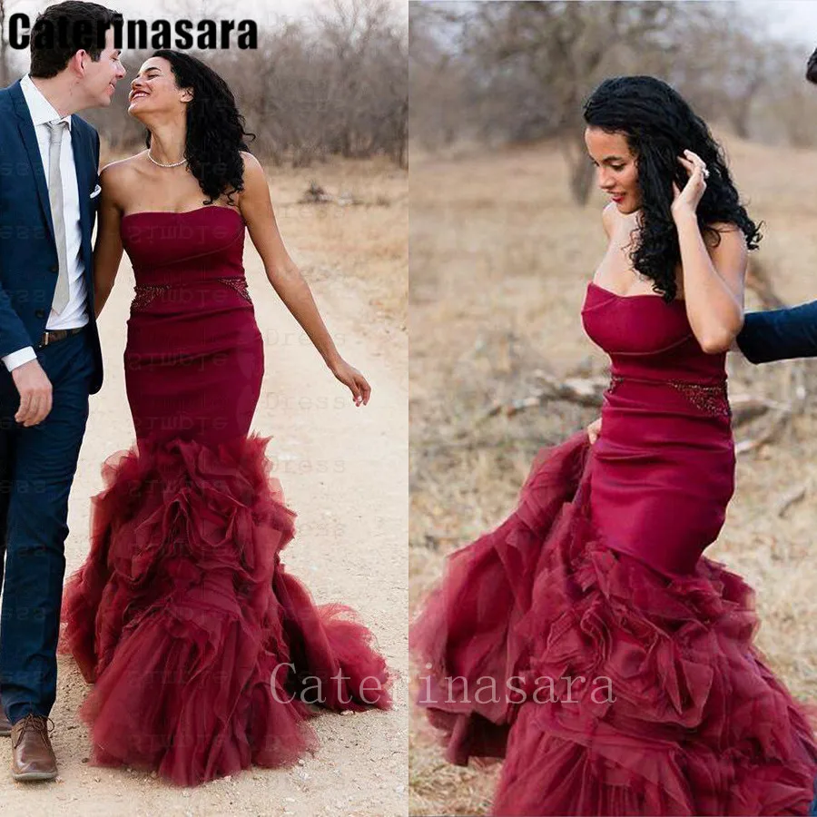 Vestido de novia sirena de Organza con volantes burdeos, elegante vestido de fiesta de boda con cremallera lateral, hecho a medida