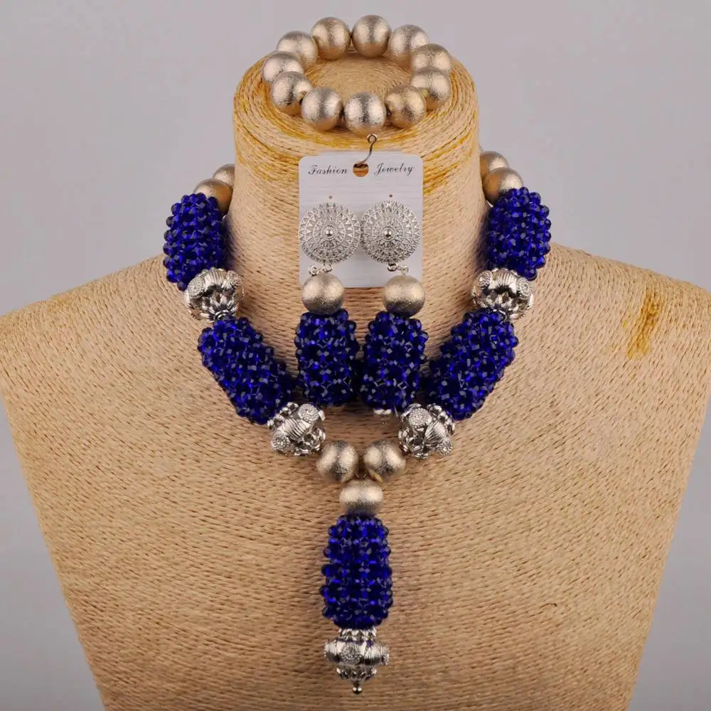 

New African Ladies Wedding Dress Accessories Royal Blue Crystal Pillar Necklace Nigeria Wedding Bride Wedding Jewelry Set SH-106