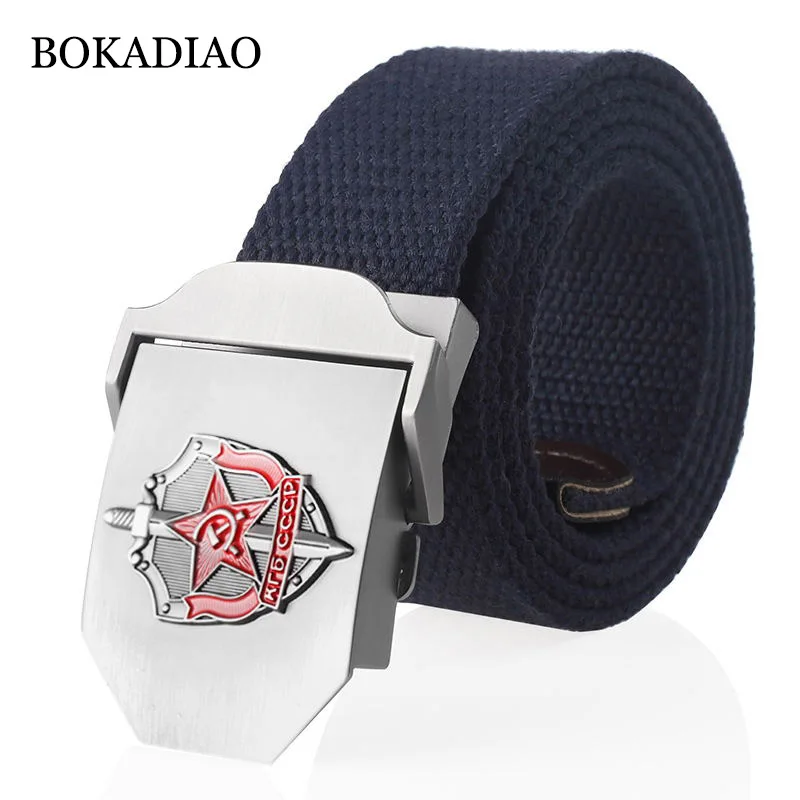 

BOKADIAO Men&Women Canvas Belt 3D Soviet Secret Agent KGB Metal Buckle CCCP Army Military Tactical Belts for Men Jeans Waistband