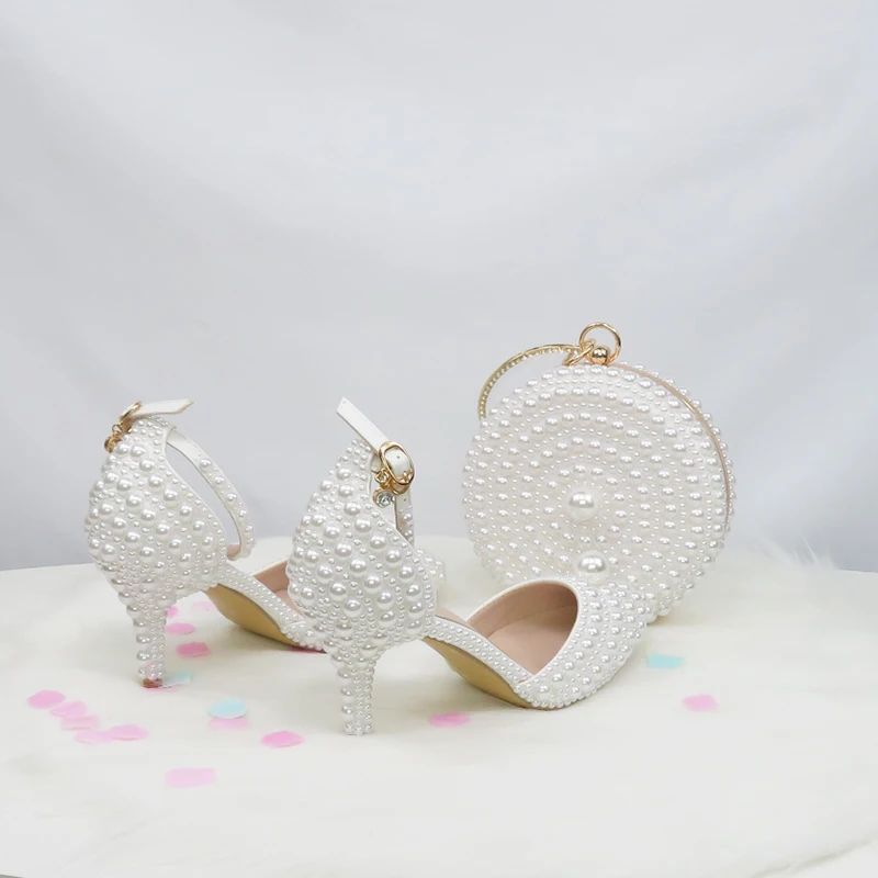 BaoYaFang White Beads Big Pearl wedding shoes Bride Pointed Toe party dress High heels shoes and bag set Thin Heel Ankle Strap