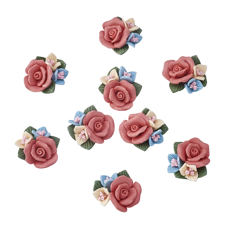 

50pcs Handmade Flower Porcelain Cabochons China Clay Beads DIY Jewelry Making, Tomato Pink Color, 21~24x22~23.5x12~12.5mm