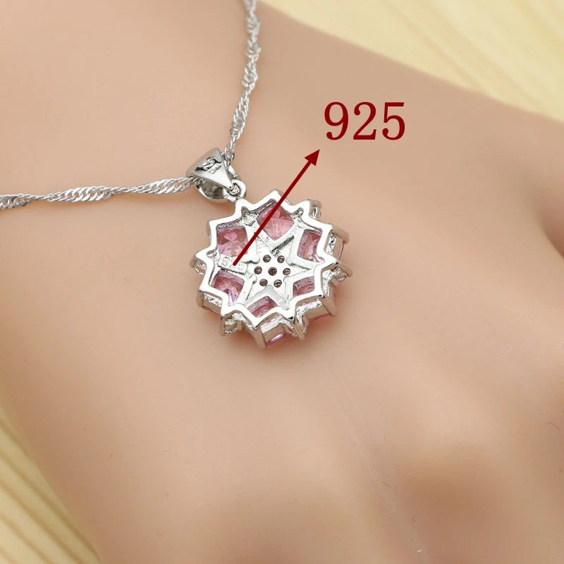 Silver 925 Bridal Jewelry Sets For Women Pink Cubic Zirconia Flower Shape Pendant Necklace Ring Earrings Set