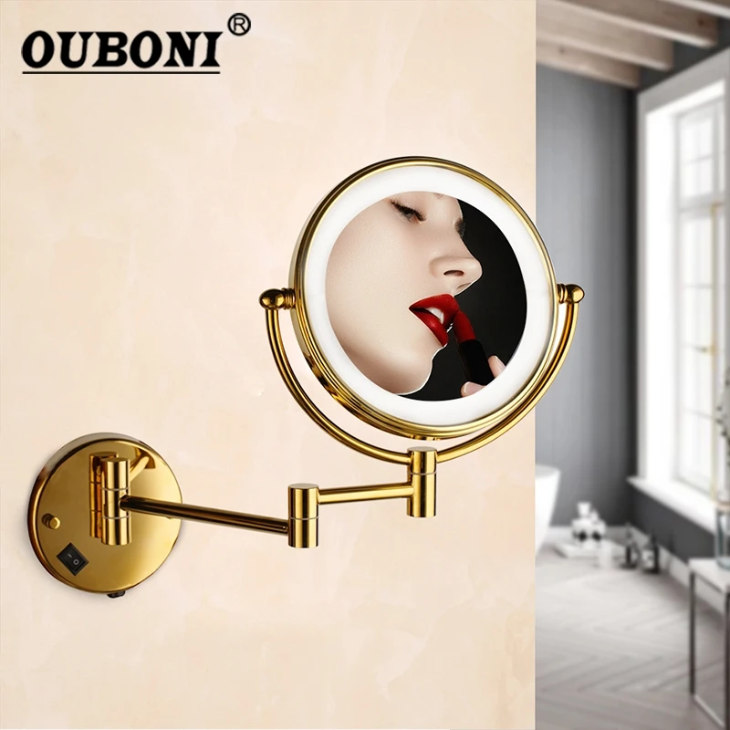 

OUBONI 8 Inch Wall Mounted Makeup Mirror 3X Magnifying LED Light Beauty Bathroom Toilet Cosmetic Mirror Foldable 2 Faces Mirror