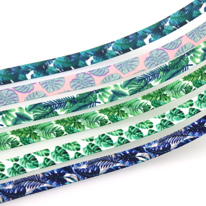 DHK 3/8\'\' 50yards Leaf Jungle Printed Grosgrain Ribbon Accessory Hairbow Headwear DIY Decoration 9mm S1629