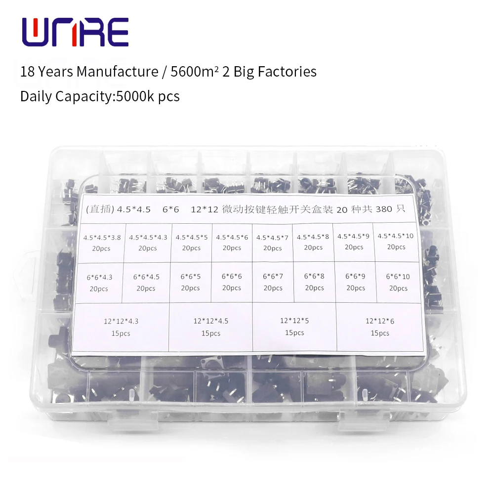 20 Models Tact Switch 380 Pcs 4.5*4.5 6*6 12X12 Tactile Push Button Switch Kit, Height: 4.3~10MM DIP 4P Micro Switch Key Switch