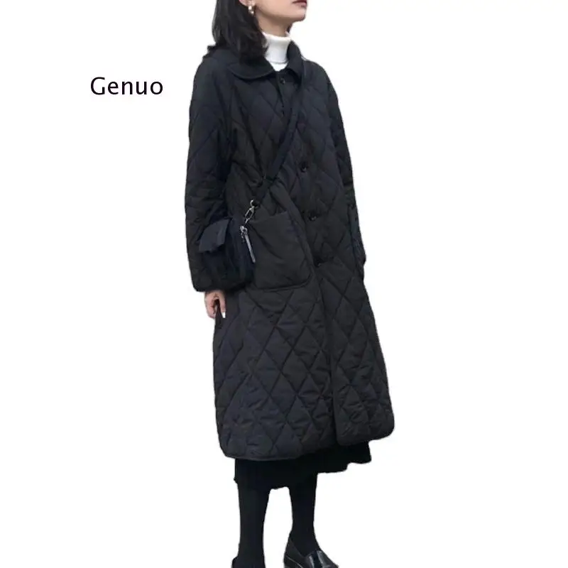 Winter Women Long Black Jacket   Parka Ladies Cotton-Padded Coat Side High Split Light Femme Robe Outwear Cloak