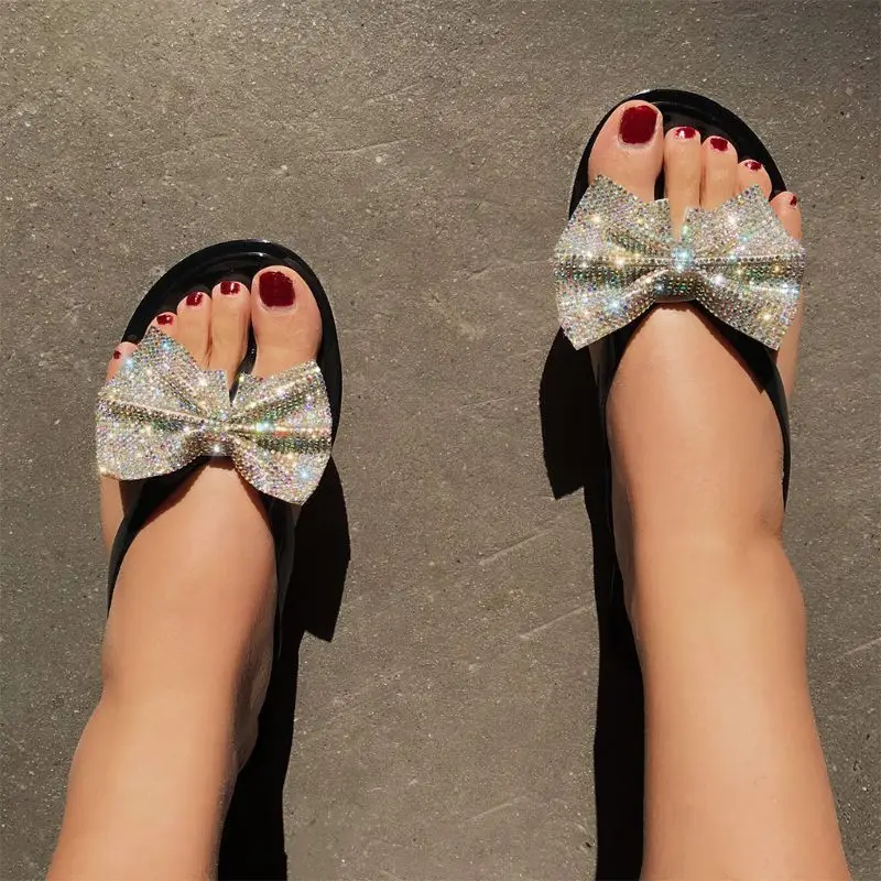 Women Shiny Rhinestone Bowknot Flip-Flops Colorful Jewelry Sequins Flat Sandals Summer Beach Jelly Clip Toe Slippers